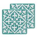 Set of two turquoise ceramic coaster with embossed pattern.