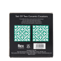 Back of boxed set of two turquoise ceramic coasters with pattern, branding, and barcode.