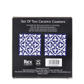 Back of boxed set of two blue ceramic coasters with pattern, branding, and barcode.