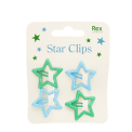 Blue and green star hair clips on display card.