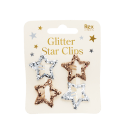 Gold and silver glitter star hair clips on display card.