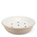Round two-part soap dish with drainage holes.