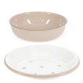 Two-part round soap dish, shown separated with drainage tray and outer bowl.