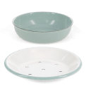Two-part round soap dish, shown separated with drainage tray and outer bowl.