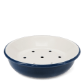Round two-part soap dish with drainage holes in blue.