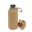 Stainless drinks bottle with bear lid, shown open with screw cap and carry loop