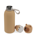 Stainless drinks bottle with bear lid, shown open with screw cap and carry loop