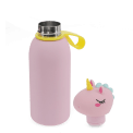 stainless drinks bottle shown open with unicorn lid and carry loop.