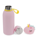 stainless drinks bottle with unicorn lid, shown open with screw cap and carry loop.