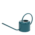 Blue metal watering can with curved handle and long spout.
