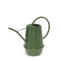 Dark green ribbed metal watering can with handle and long spout