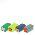 Four rectangular animal-themed erasers featuring mouse, dog, lion and cat faces.