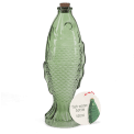 Green fish-shaped glass bottle with embossed scale pattern and cork stopper with tag.