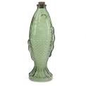 Green fish-shaped glass bottle with embossed scale pattern and cork stopper
