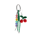 Crochet cherry bag charm with green cord strap, colourful beads