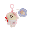 Plush toast bag charm with pink clip, pink spotty bow with tag.