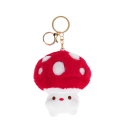 Plush mushroom bag charm with red spotted cap, gold keyring and soft white base