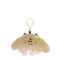 Fluffy croissant bag charm with smiley face, cheese patch and clip attachment