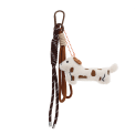 Plush sausage dog bag charm with brown spots, cord strap and clip.