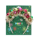 Festive tinsel party headband decorated with colourful jingle bells on retail packaging.