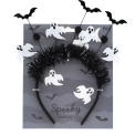 Halloween headband with black tinsel, ghost decorations and bat on retail packaging.