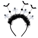 Halloween headband with black tinsel, ghost decorations and bats.