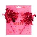 Red party headband with tinsel pom-poms and star decorations on retail packaging.