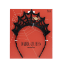 Black glitter spiderweb headband with a gold spider decoration on Halloween-themed packaging.