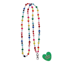 Colourful beaded phone chain with multicoloured heart-shaped beads and a metal clasp and tag.