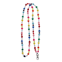 Colourful beaded phone chain with multicoloured heart-shaped beads and a metal clasp.
