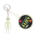 Glow-in-the-dark alien keyring with silver chain and key ring with tag