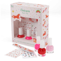 Unicorn-themed nail kit with nail polishes, nail file, stickers displayed beside illustrated retail packaging.