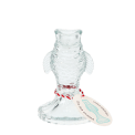 Pale blue glass fish-shaped candle holder with embossed scale detail and a tag.