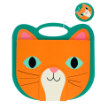 Orange cat-faced sketchbook with teal handle, stylised eyes, whiskers and ears with tag.