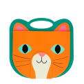 Orange cat-faced sketchbook with teal handle, stylised eyes, whiskers and ears.