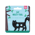 Cat-shaped 6-in-1 multi-tool in black metal, displayed on illustrated retail packaging