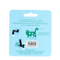 Back of cat-shaped multi-tool packaging with product features, barcode and recycling symbol.