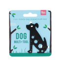 Dog-shaped 6-in-1 multi-tool in black metal, displayed on illustrated retail packaging
