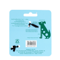 Back of dog-shaped multi-tool packaging with product features, barcode and recycling symbol.
