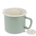 Pistachio green enamel measuring jug with pour spout and 1 litre internal markings shown with a tag.