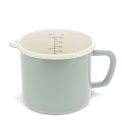 Pistachio green enamel measuring jug with pour spout and 1 litre internal markings.