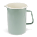 Pistachio green enamel jug with pour spout, white interior and 1.7 litre capacity.