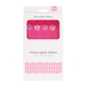Pack of four reusable glass drinking straws with bow toppers and cleaning brush 