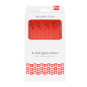 Pack of four reusable glass drinking straws with red chilli toppers and cleaning brush 