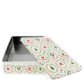 Rectangular storage tin with removable lid in Christmas tree, baubles, wreaths and candy canes.