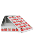 Rectangular storage tin with removable lid in vintage apple pattern. 