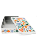 Rectangular storage tin with removable lid in fruit, flowers and leaves design.