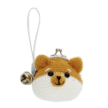 Crochet fox-shaped coin purse with a metal clasp and hanging bell charm.