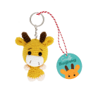 Crochet giraffe keyring with small horns and a silver metal keyring attachment with tag.