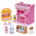 Pink toy shopping mall play set with miniature storefront 